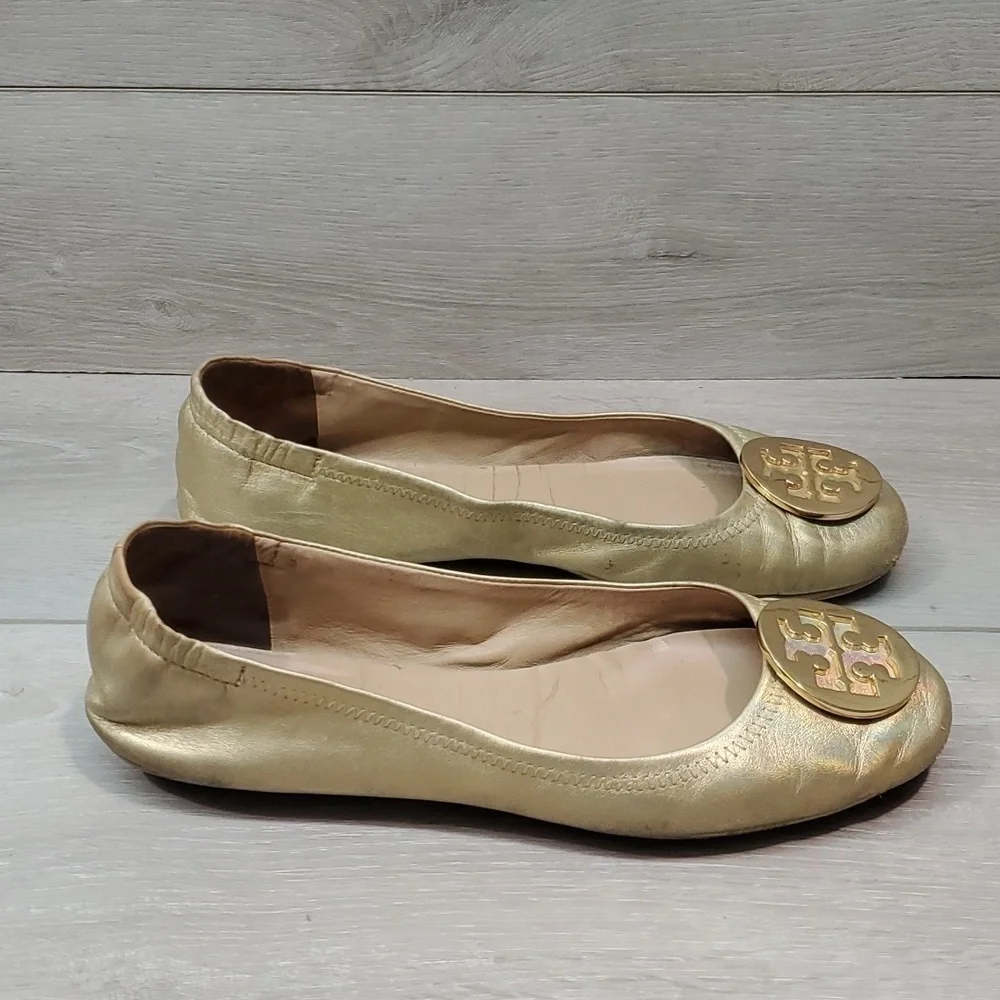 Tory Burch Women Logo Metallic MinnieLeather Gold Loafer Flat Ballet shoes sz 9M